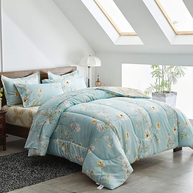 Joyreap 6 Piece Bed in a Bag Twin, Aqua Floral Elegant Design, Smooth Soft Microfiber Comforter Set for All Season (1 Comforter, 2 Pillow Shams, 1 Flat Sheet, 1 Fitted Sheet, 1 Pillowcase)