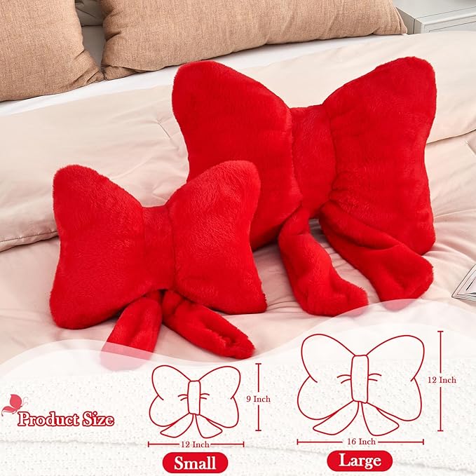 XVTRU Red Bow Pillow, Soft Bow Decorative Pillows with Faux Rabbit Fur, Cute 12" Bow Throw Pillows, Aesthetic Home Decor Bow Shaped Plush Pillow for Bedroom Sofa Couch