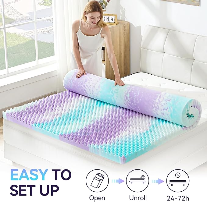 SINWEEK 3 Inch Egg Crate Memory Foam Mattress Topper Queen Size, Soft Mattress Pad for Back Pain Relief, Bed Topper, CertiPUR-US Certified, Colorful