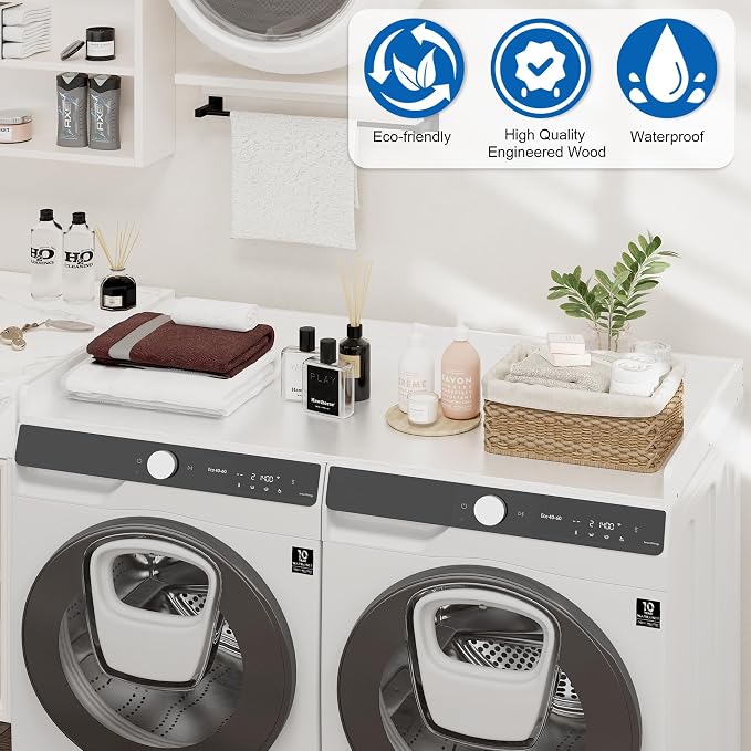 efluky Washer Dryer Countertop, Wood Countertop with Edge Rails for Laundry Room Organization and Storage, Washer Dryer Topper for Laundry Room, 27.5" x 54" White - Image 3