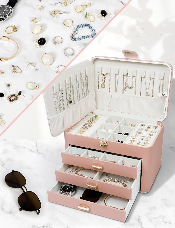 KAMIER Jewelry Organizer Box for Women - 4 Layer Drawer Jewellery Storage with Lock and Mirror - Jewelry Case for Necklaces Rings Bracelets Earring Holder Organizers (Pink) - Image 6