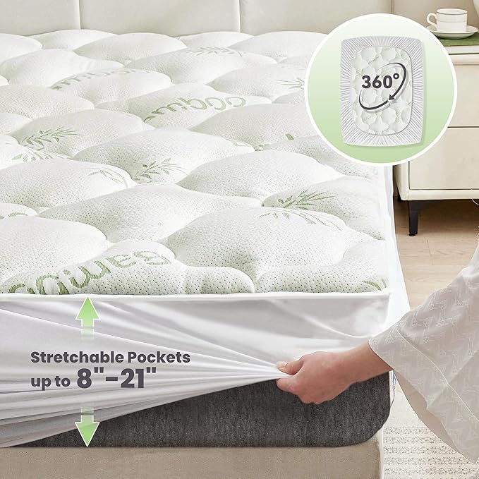 BDEUS Bedding Mattress Protector King Size, Mattress Cover Viscose Derived from Bamboo, Ultra Soft Cooling Mattress Pad Cover Fits 21" Inches Deep, Breathable Fitted Style with Stretchable Pockets