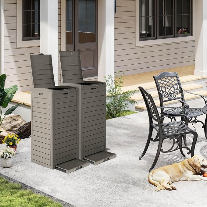 DWVO 38 Gallon Large Outdoor Trash Can, 2-Pack Waterproof Resin Hideaway Garbage Bin with Lid and Drip Tray, Outside Trash Bin for Porch, Backyard, Deck, Patio, Poolside, Easy to Clean, Taupe - Image 6