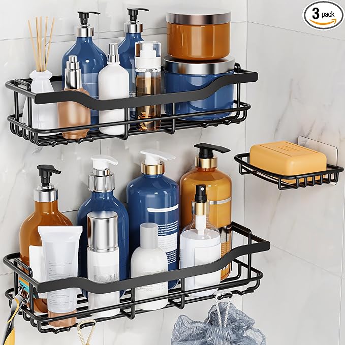 OMAIRA 3-Pack Shower Caddy with Soap Holder, Adhesive Rustproof No-drill Strudy Loading Inside Shower Organizer Shelves Rack Storage Bathroom Organization for Smooth Wall Glass Tile, Black (X-Large) by OMAIRA