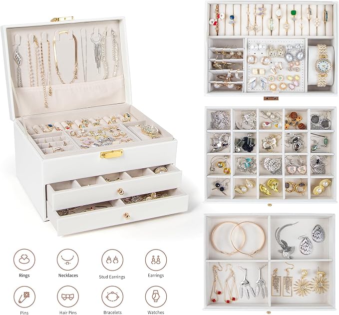 GUOER Jewelry Box for Women Girl Wife 3 Layers Large PU Leather Jewelry Organizer Storage Case with Two drawers Display for Earrings Bracelets Rings Watches Mother's Day (White) - Image 2