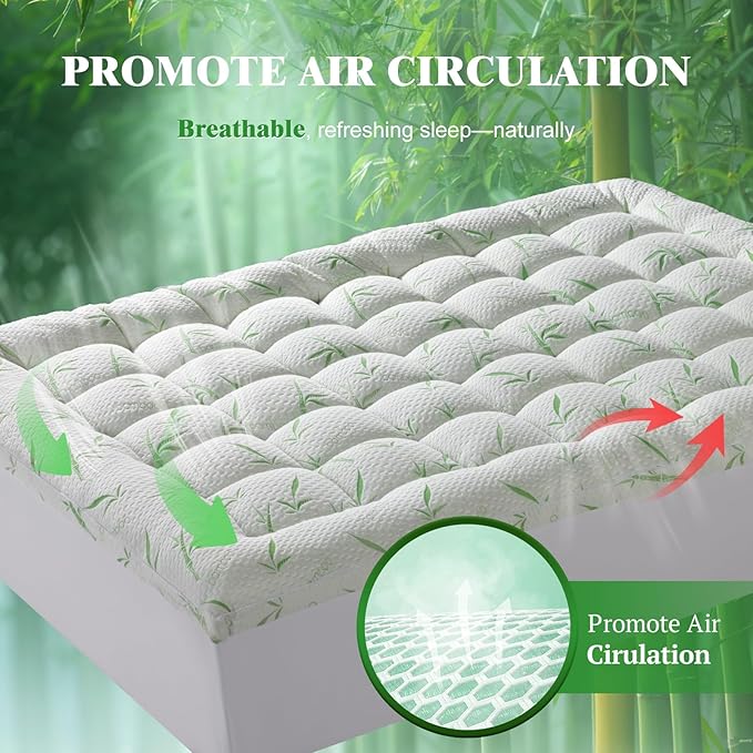 3 Inch Mattress Topper - Viscose Made from Bambu,Cooling Soft Pillow Top Mattress Pad Cover for Back Pain,Mattress Protector with 8-21 Inch Deep Pocket(Queen,60"x80")