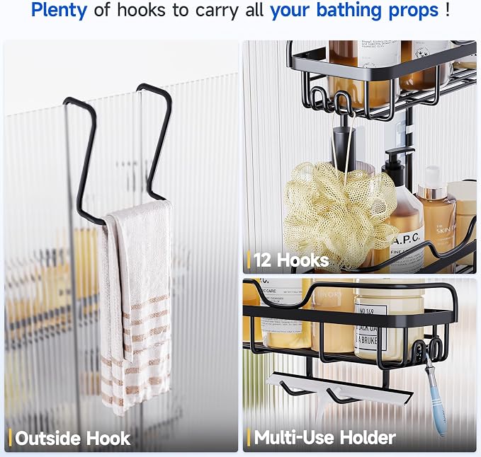 Skyapex Shower Caddy Over the Door Organizer: Bath Rack Hanging Over Glass with Hooks - Storage Shelf Inside Bathroom for Shampoo - Matte Black - Image 6