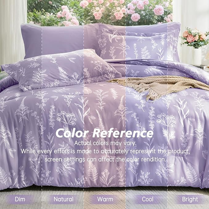 MUXHOMO Lavender Purple Full Comforter Set, Elegant Floral Print Bed in a Bag 7 Pieces, Ultra Soft & Breathable Reversible Botanical Pattern Bedding Set with Comforter, Sheets, Pillowcases, and Shams