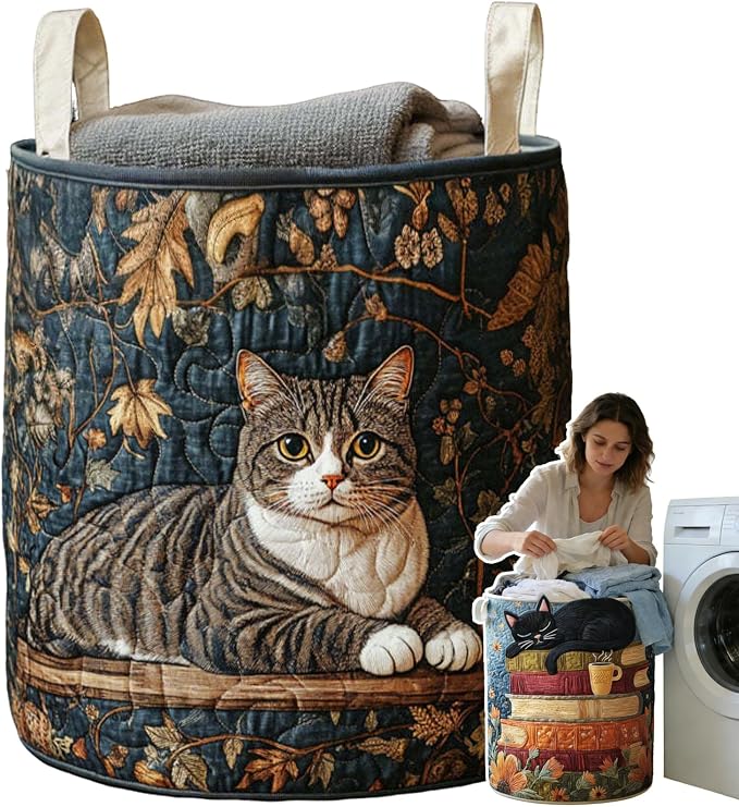 Cat Quilted Laundry Basket - 18"/22"/28", 2026 Large Quilted Cat Laundry Basket with Handles, Cozy Cat Fabric Storage Hamper for Nursery, Bedroom, Laundry Room, Clothes & Toys (6, L 20"X28”) by Unknown