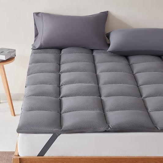 SLEEP ZONE Cooling Mattress Topper Full Size Quilted Fitted Mattress Pad Cover, Soft Fluffy Down Alternative Pillow Top Bed Topper Deep Pocket 8-21 Inch (Grey, Full)