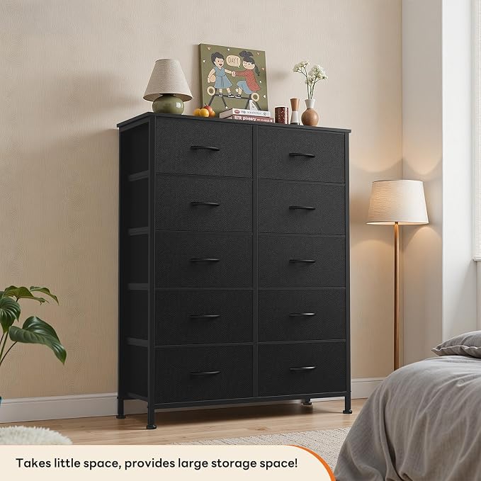 Sweetcrispy Black Dresser for Bedroom, 10 Drawer Tall Dresser, Fabric Storage Tower with Bins, Chest Organizer Unit for Bedroom Closet, Hallway, Steel Frame Wood Top, Easy Pull Handle - Image 5