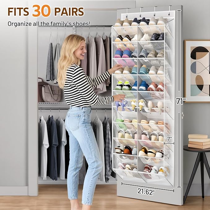 MISSLO 30 Pairs Over the Door Shoe Organizer Breathable Mesh Hanging Shoe Rack for Closet Storage with Wide Deep Pockets 10 Tier Shoes Holder Fit All the Family's Sneakers, Boots, Heels (White, 71") - Image 2