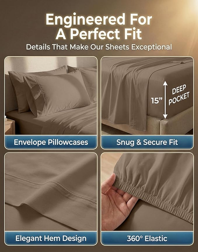 LANE LINEN California King Sheets Set - 600 Thread Count Premium Sateen Weave - Extra Soft & Comfy Cotton Sheets Withelasticisedfitted Sheet for Snug Fit to Mattress - Oeko Tex Certified - Taupe