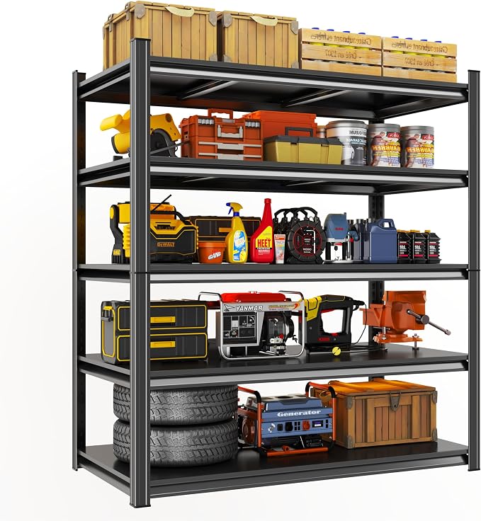 Metal Garage Shelving Unit, Heavy Duty 5-Tier Adjustable Storage Rack, Steel Shelving, 3020 lbs Capacity, Industrial Shelves for Heavy Tools and Equipment, Ideal for Garage, Basement, Black, 77" by Beaunatixx