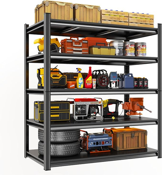 Metal Garage Shelving Unit, Heavy Duty 5-Tier Adjustable Storage Rack, Steel Shelving, 3020 lbs Capacity, Industrial Shelves for Heavy Tools and Equipment, Ideal for Garage, Basement, Black, 77" by Beaunatixx