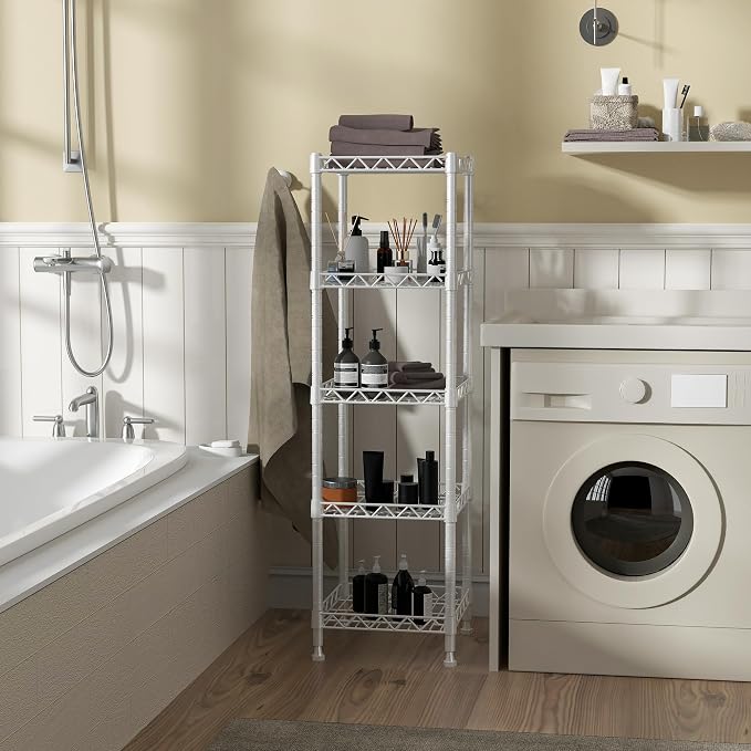 GIOTORENT 5 Tier Standing Shelving Metal Units, Adjustable Height Wire Shelf Display Rack for Laundry Bathroom Kitchen 11.8 W x 11.8 D x 50 H (5-Tier, White) - Image 6