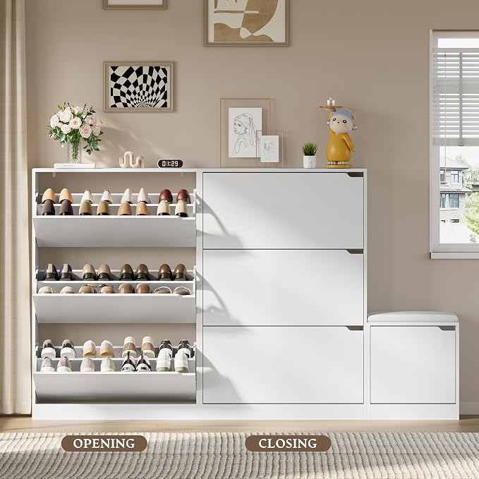 BORNOON Shoe Cabinet with Bench and 3 Flip Drawers, Slim Narrow Shoe Storage Cabinet, Freestanding Shoe Rack Organizer with Adjustable & Removable Shelves, Anti-Tip for Entryway, Hallway, Foyer - Image 5