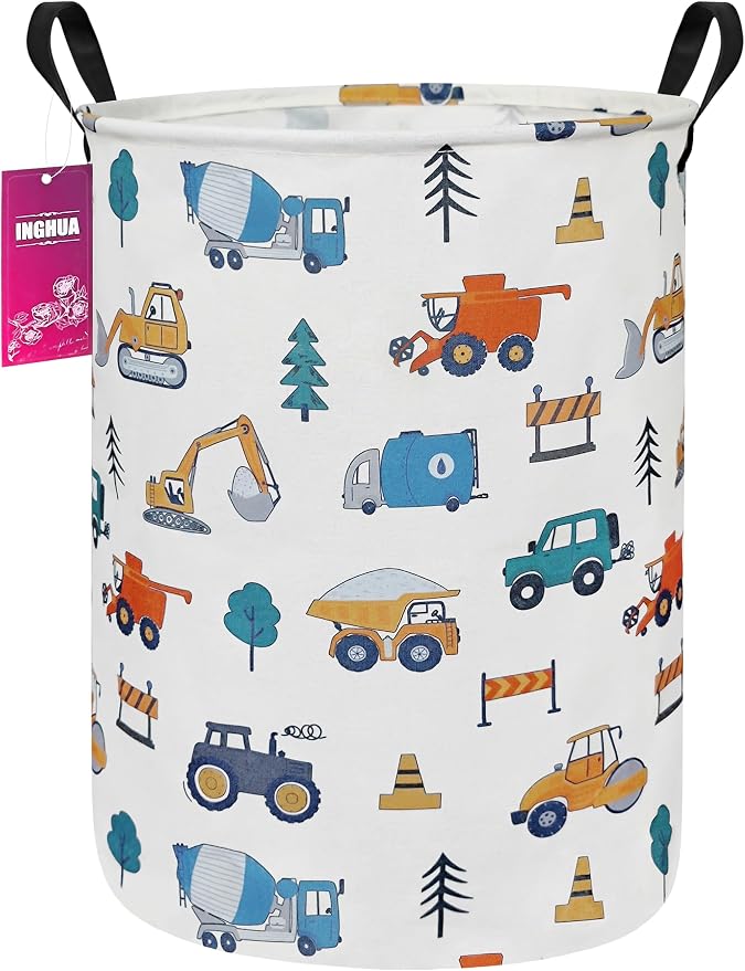 Laundry Hamper Large Canvas Fabric Lightweight Storage Basket/Toy Organizer/Dirty Clothes Collapsible Waterproof for College Dorms, Boys and Girls Bedroom,Bathroom(Vehicles) by INGHUA