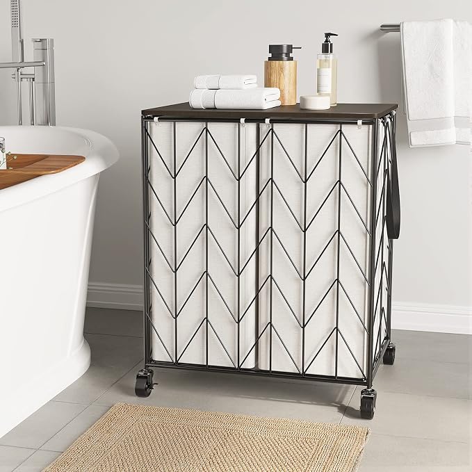 WOWLIVE Laundry Basket with Wheels, Heavy Duty Laundry Hamper with Wood Lid, Clothes Hamper with Divided Removable Liner Bag, Large Capacity Iron-Made Laundry Sorter Laundry Room Organization (Beige) - Image 2