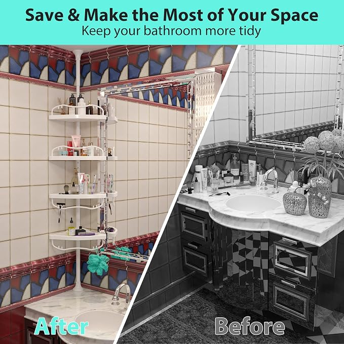 Shower Caddy Tension Pole with 4 ABS Baskets,Shower Storage Shelf with 56 to 125 Inch Adjustable Stainless Pole for Bathroom White - Image 7