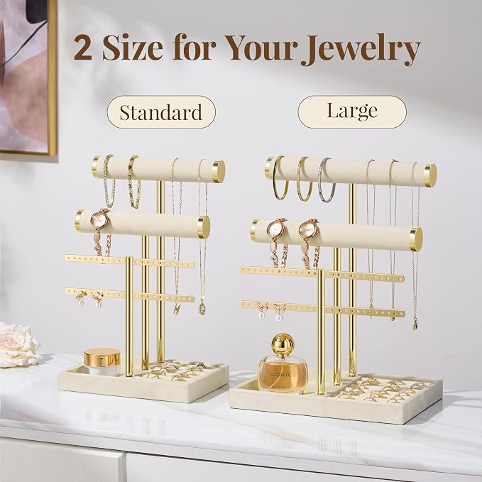 bussdis 3 Tier Bracelet Holder Display - Detachable T Bar Beige Velvet Bracelet Holder, Jewelry Holder Organizer for Bracelet, Necklace, Earrings, Rings - Image 7