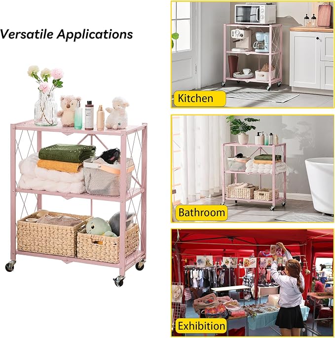 BRIAN & DANY 3-Tier Foldable Storage Shelves with Wheels, No Assembly Folding Shelf Metal Rack, Shelving Unit for Kitchen, Garage, Pink - Image 6