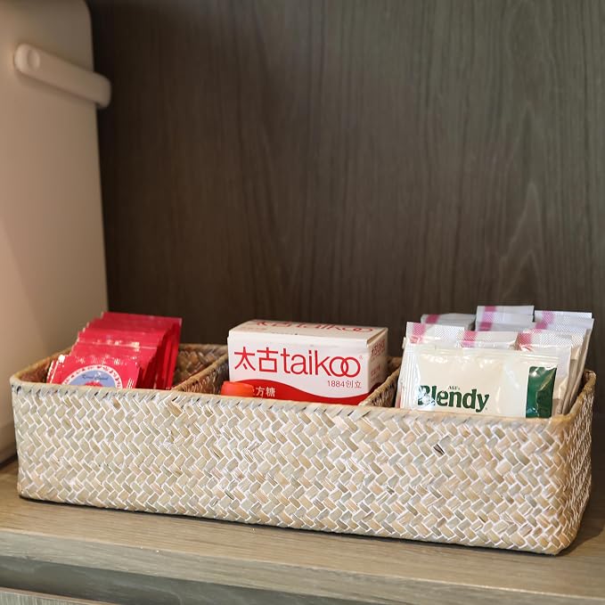 Seagrass Storage Basket 3 Sections Woven Shelf Baskets with Compartment (Whitewash, 14.6inch x 4.7inch x 3.1inch) - Image 6