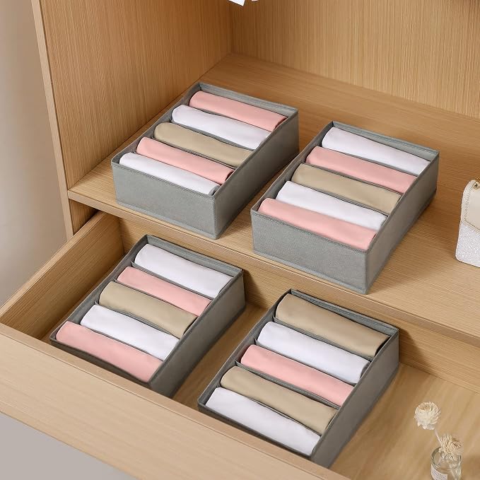 4 Packs T-shirt Drawer Organizers for Clothing,5 Grids Compartment Wardrobe Storage Box, Washable Clothes Organizer for Folded Clothes, T-shirt, Legging, Silk Scarve-Grey - Image 6