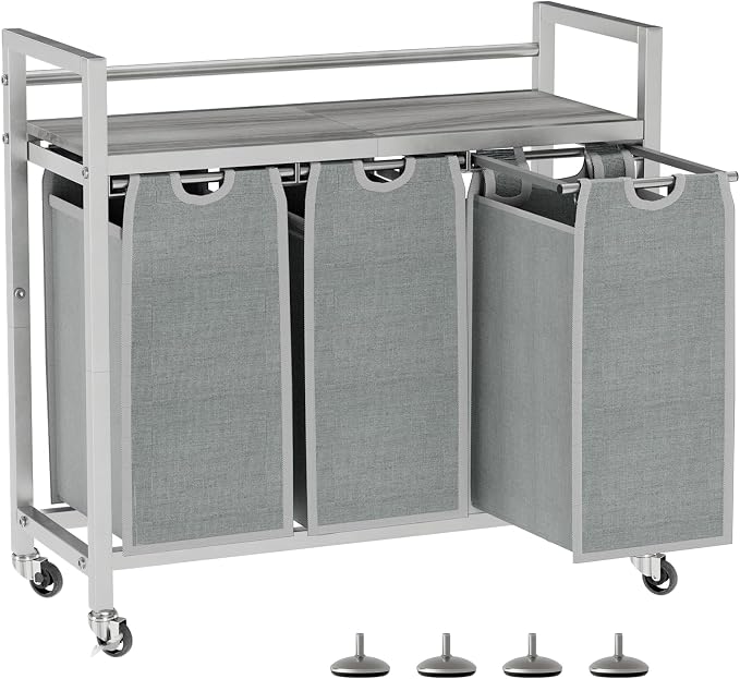 SwaaVee Laundry Hamper, Laundry Basket, Laundry Sorter with 3 Removable Bags, Clothes Basket with 3 Compartments, Wheels, Shelf for Laundry Room Bathroom Bedroom (3 Bags-Gray) by SwaaVeeYourBestOrganizingHelper