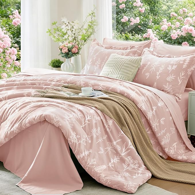 MUXHOMO Cameo Pink Bed in a Bag King 7 Pieces, King Comforter Set Reversible Botanical Flowers Design, Ultra Soft & Breathable Bedding Sets with Comforter, Sheets, Pillowcases & Shams