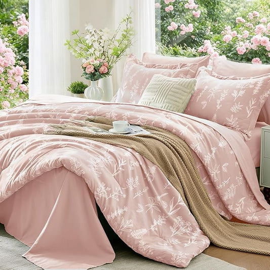 MUXHOMO Cameo Pink Bed in a Bag King 7 Pieces, King Comforter Set Reversible Botanical Flowers Design, Ultra Soft & Breathable Bedding Sets with Comforter, Sheets, Pillowcases & Shams