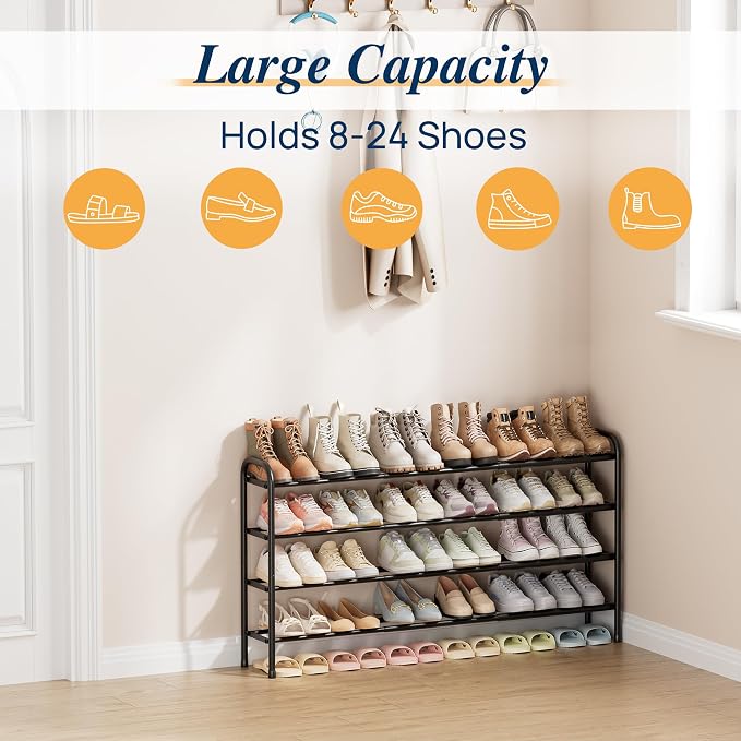 ENJOYBASICS 4 Tier Expandable Shoe Rack for Closet, Free Standing Metal Shoe Shelf Storage Organizer Holder 24 Pairs, Adjustable Width Shoe Rack for Entryway Small Space, Black - Image 4