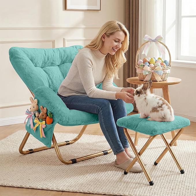 Kasunpul Comfy Saucer Chair, Foldable Living Room Chairs, Soft Faux Fur Lounge Chair for Bedroom, Reading Chairs for Adults, Teens, X-Large (Mint)