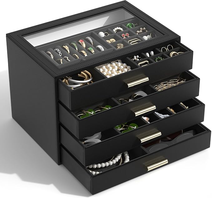 AKOZLIN Jewelry Box with Clear Lid Functional Leather Jewelry Storage Organizer Case 4 Drawers for Women Girls Necklace Ring Bracelet Earring - Image 2