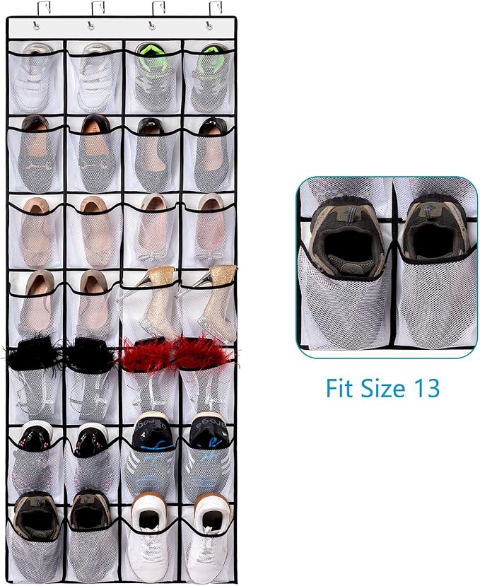 REGELETO 2 Pack 28 Pocket Over the Door Shoe Organizer, Hanging Shoe Rack for Door Large Capacity Shoe Organizer Holder with 4 Metal Hooks (White-2Pack) - Image 3
