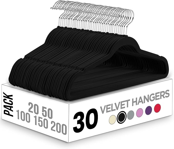 Utopia Home Velvet Hangers 30 Pack – Luxury Non-Slip Slim Pant & Coat Hangers, Strong Space-Saving Clothes Hangers with Pants Bar and 360° Swivel Hook – Black by UTOPIAHOME