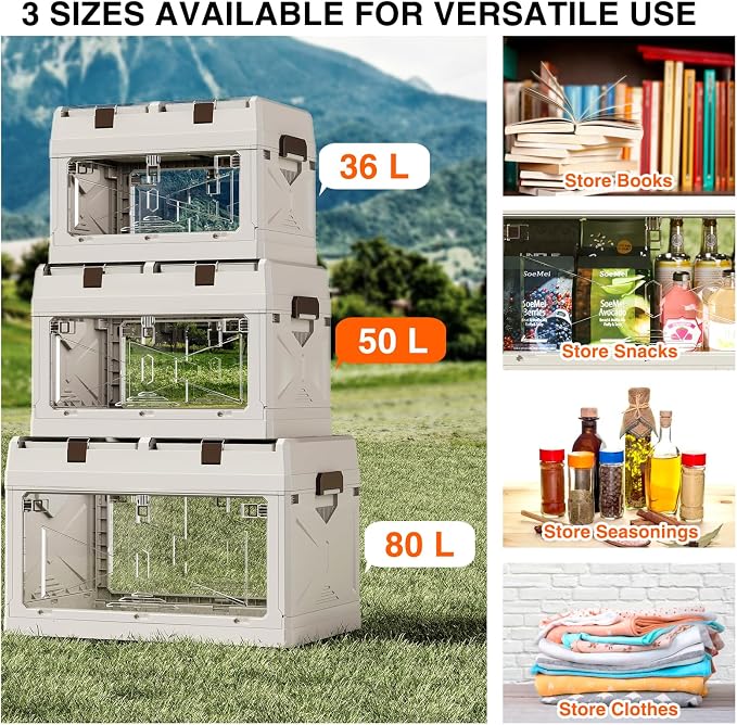 Closet Organizer and Storage Box, Large Essential Collapsible Plastic Car Trunk Container with Clear Lids and Doors, Open Front Multifunctional Stackable Bin for Bedroom, Dorm Room, Craft 50 L - Image 6