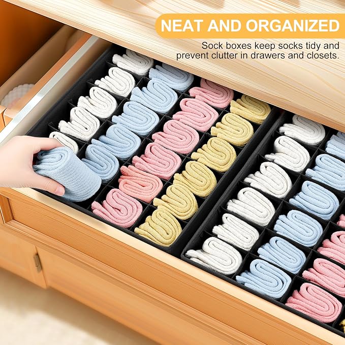 Joyoldelf Sock Drawer Organizer Divider Underwear Organizer 24-cell Fabric Dresser Drawer Organizers Storage Boxes for Socks Lingerie, Handkerchiefs, Ties 4 Pack (Black) - Image 3