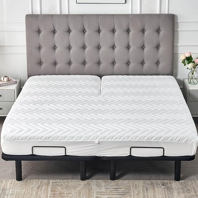 Kingnex Split Top Queen Waterproof Mattress Protector, 60x80, 14 Deep Pocket, Fitted Sheet Style, Brushed Polyester, White, Quilted, Washable