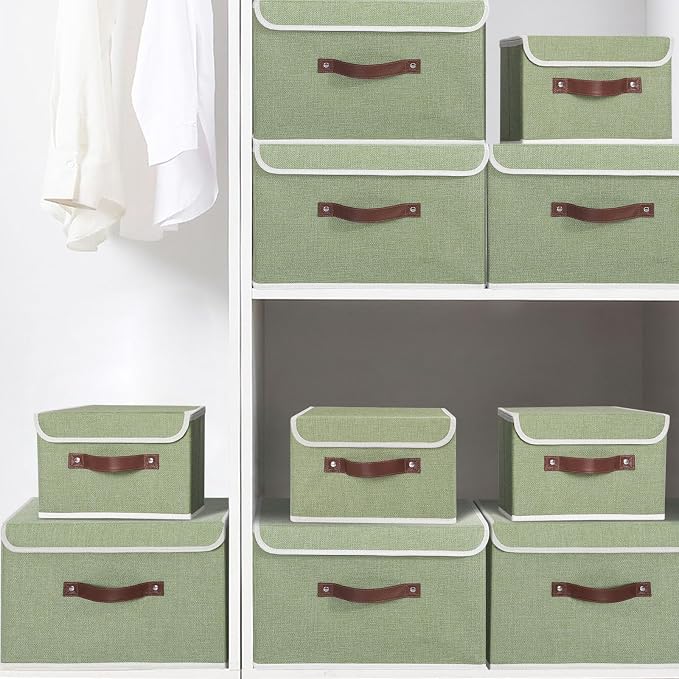 ANMINY Storage Bin with Lid Storage Boxes with PU Leather Handles PP Plastic Board Decorative Foldable Lidded Cotton Linen Fabric Home Cubes Baskets Closet Organizer Container - Green, Medium - Image 8