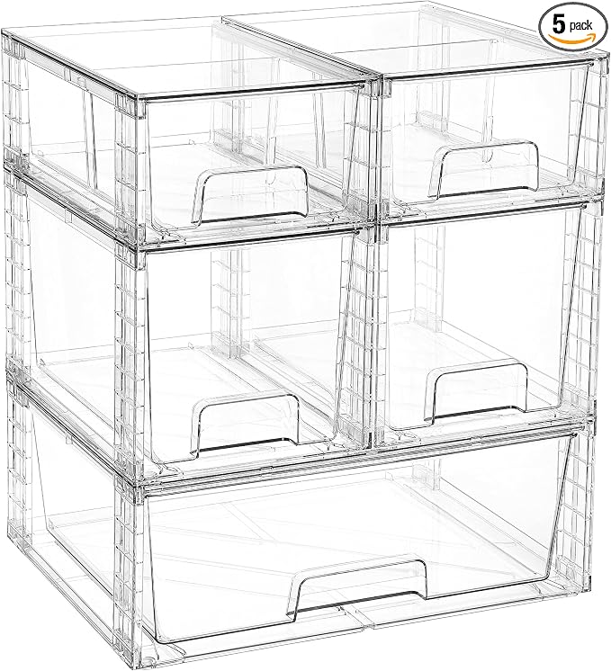 Vtopmart Clear Stackable Storage Drawers Set of 5, Easily Assemble Acrylic Bathroom Undersink Organizers,Plastic Storage Bins for Closet,Cabinet,Pantry,Medicine Organization by Vtopmart