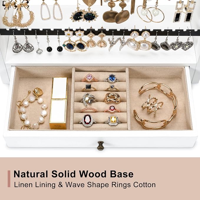 Pinzoveco Earring Organizer, 5 Layer Earring Holder Organizer with Necklace Holder Pole, Rustic Wood Jewelry Organizer Stand Display for Stud Earring Bracelet Necklace Ring, 175 Earring Holes - Image 4