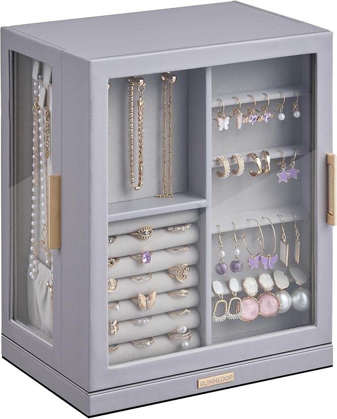 Glimmloop 360° Rotating Jewelry Box with 5 Drawers, Spacious Vertical Jewelry Organizer with Glass Window, Jewelry Storage Case, Dustproof & Moisture-resistant Design, Grey by Glimmloop