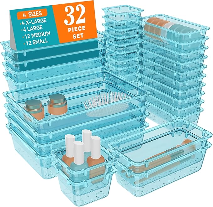 WOWBOX 32 PCS Plastic Drawer Organizer Set, 4 Sizes Desk Drawer Organization and Storage Containers for Makeup, Cosmetics, Jewelry and Gadgets in Kitchen, Bathroom, Bedroom, Office, Clear Sea Blue by WOWBOX