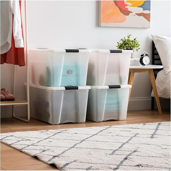 IRIS USA 72 QT Plastic Storage Box with Lid and Latches - 8 Pack - BPA-Free, Discreet Organizing Solution, Durable Nestable Stackable Containers, Secure Pull Handle - Pearl - Image 4