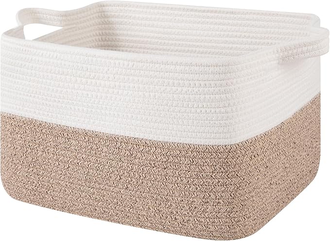 OIAHOMY Woven Storage Basket for Shelves, Rectangle Cotton Rope Baskets for Organizing, 16 x 12 x 10 in, Storage Bins for Dog Toys,Towel,Books,Gift,Brown and White by MasterofSpaceOptimization