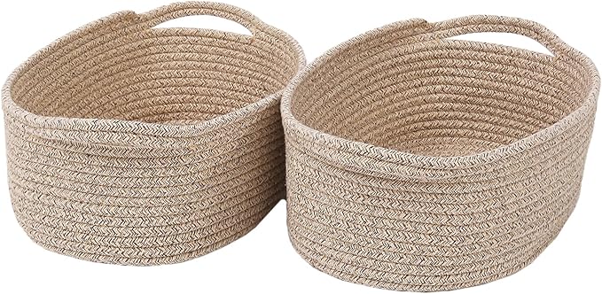 JMvicyroam Woven Basket,Small Rope Storage Bin with Handles & Ribbon Bag, Organizer for Shelves Closets,Gift Basket Empty for Birthday,Books,Dog Toys,Oatmeal/2 Pack by JMvicyroam