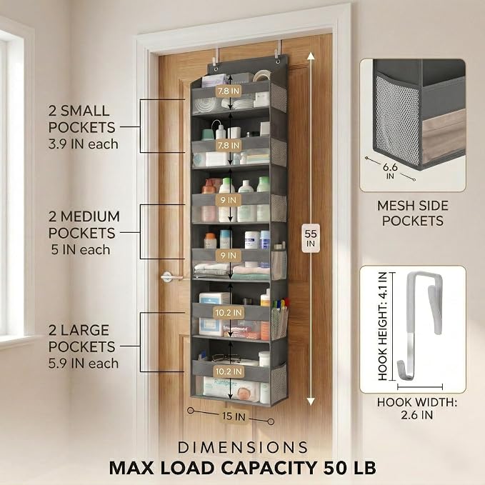 HOMELUX THEORY UPGRADED 6 Tiers Over The Door Organizer Hanging - 100D EXTRA THICK & 50lbs HUGE CAPACITY, 12 Side Mesh Pockets Over The Door Shoe Organizer, Hanging Closet Organizer (Dark Gray, 2pc) - Image 2