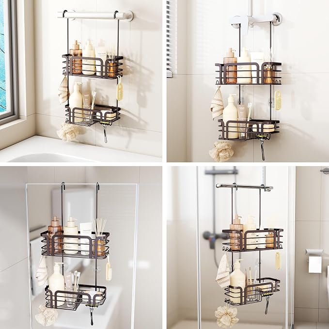 SWTYMIKI Shower Caddy Hanging Organizer - Over the Door Shower Caddy with Soap Holder, 11 Hooks, 2 Installation Ways, Stainless Steel Rustproof Bathroom Organizer, Bronze - Image 2