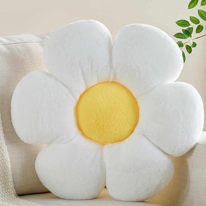 CANGHI Flower Pillow, White Yellow 19.68 inch Flower Shaped Throw Pillows Daisy Plush Pillow Floor Pillows Seat Cushion Cute Aesthetic Decorative Throw Pillows for Bed Home Sofa Chair Couch Decor